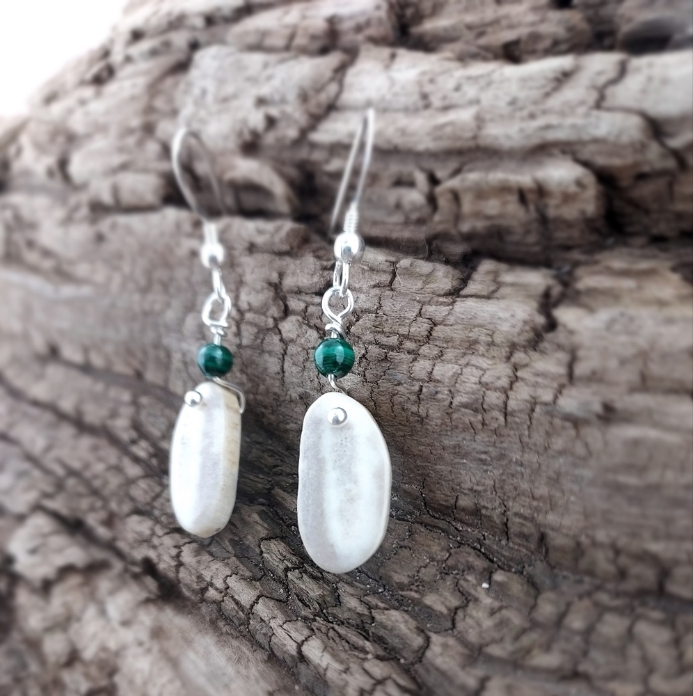 Handmade Deer Antler Earrings with Malachite and Sterling Silver